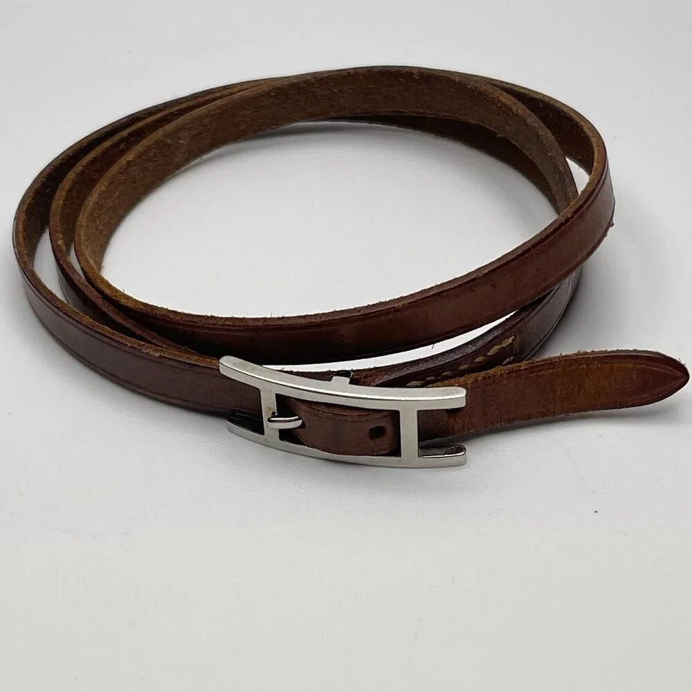 Hermès Vintage Hapi 4 Tours Leather Bracelet w/ Palladium Plated Buckle-Preowned